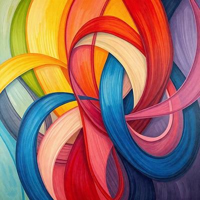 The primary subject of the image is a colorful painting featuring a swirling pattern of colors. The painting is set against a purple background, which adds to the vibrant atmosphere of the artwork. The visual style of the painting is a combination of digital art and illustration, creating a unique and eye-catching piece. The dominant colors in the painting are red, blue, and purple, which contribute to the overall mood of the artwork, evoking a sense of energy and creativity.